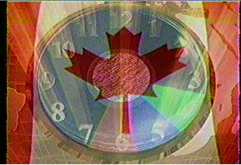 A translucent Canadian flag is superimposed over the clock.